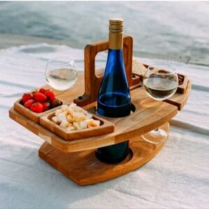 Portable Hanging Wine Glass Fruit Plate Wooden Picnic Table